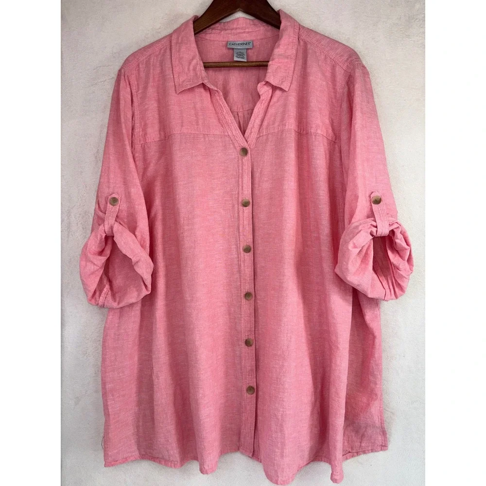 CATHERINES Linen Button Down Shirt Pink Long Sleeve Womens Pink‎ Cotton 3/4 3X